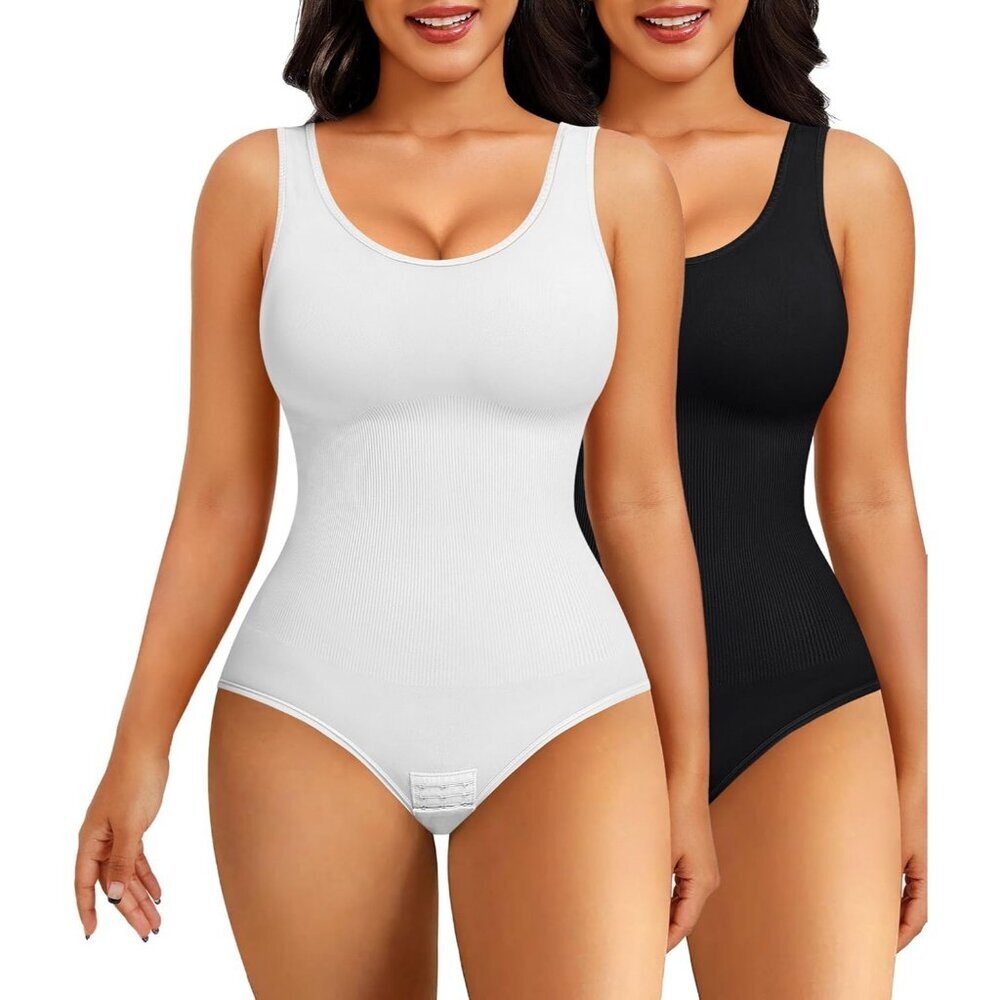 Women's 2 Piece White Black Sleeveless Slim Fit Bodysuit Tummy Control Shapewear